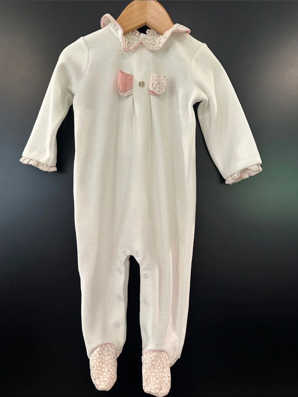Mayoral New Girls Cream‎ Velour Footed Sleeper Ruffle Trim Bow 4-6 Months